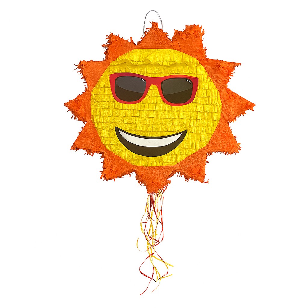 Pinata Soare cu Ochelari Sun pentru Petrecere, Flippy, din Hartie Creponata si Carton, Pinata pentru Petreceri, 40 x 40 x 7 cm, Galben Rosu