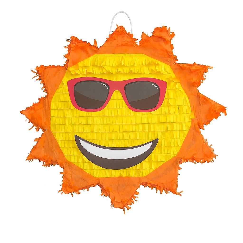 Pinata Soare cu Ochelari Sun pentru Petrecere, Flippy, din Hartie Creponata si Carton, Pinata pentru Petreceri, 40 x 40 x 7 cm, Galben Rosu
