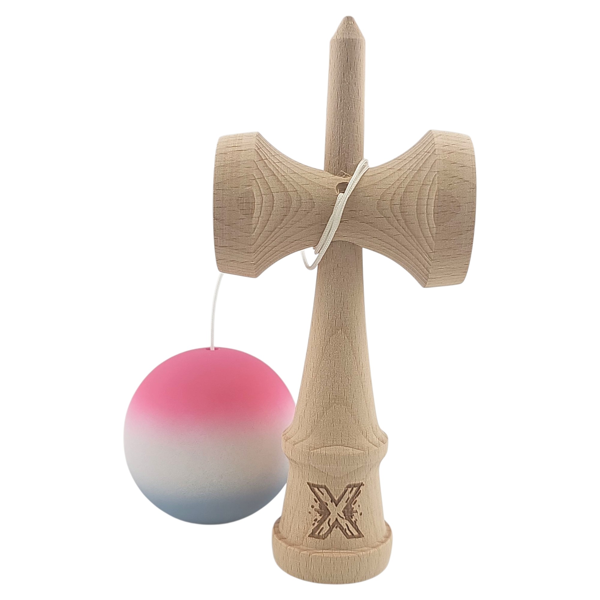 Kendama X Originala, Profesionala, Flippy, din Lemn, Rubber Grip, 18 cm, Roz/Alb/Gri