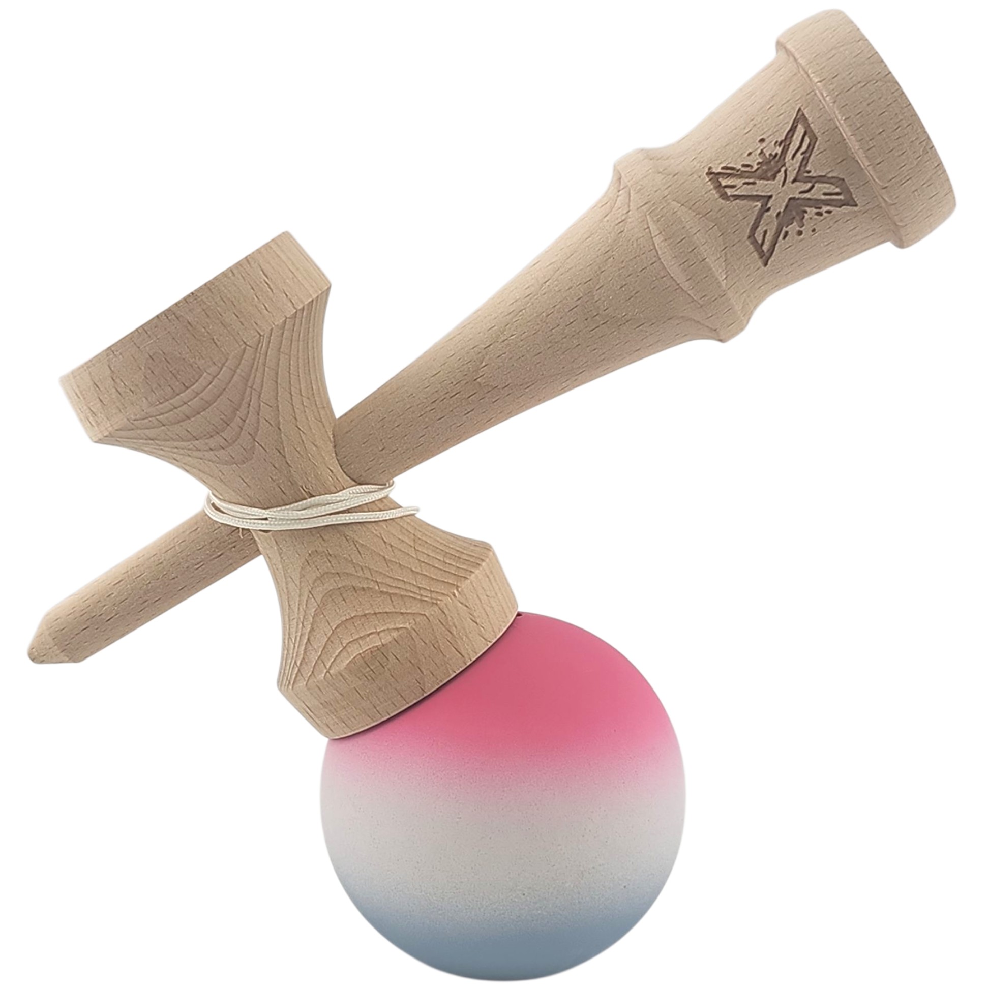 Kendama X Originala, Profesionala, Flippy, din Lemn, Rubber Grip, 18 cm, Roz/Alb/Gri