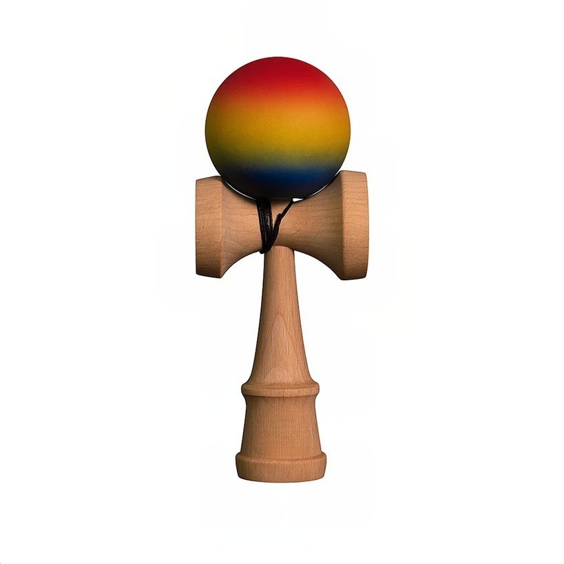 Jucarie Interactiva Kendama, Flippy, din Lemn, 18 cm, Joc de Indemanare pentru Copii si Adulti, Model Gradient 8, Rosu/ Galben/ Albastru