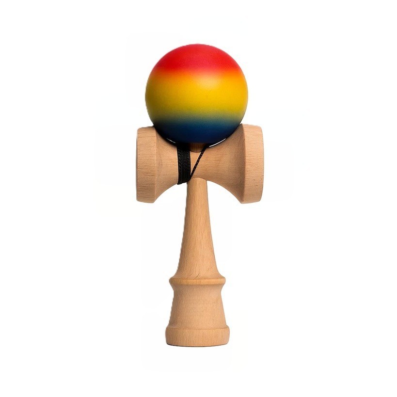 Jucarie Interactiva Kendama, Flippy, din Lemn, 18 cm, Joc de Indemanare pentru Copii si Adulti, Model Gradient 8, Rosu/ Galben/ Albastru