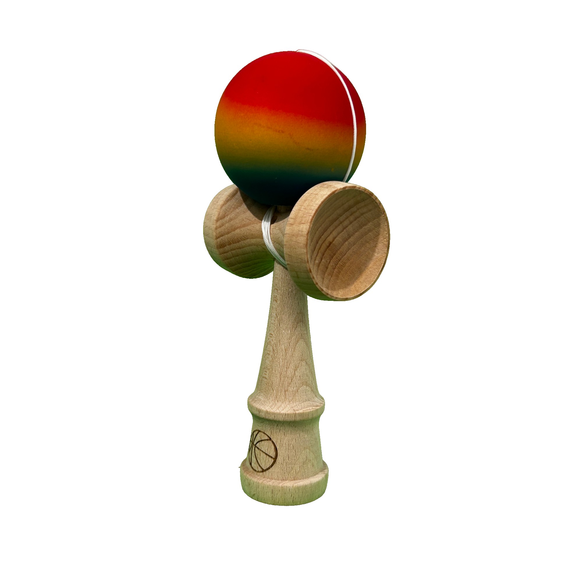 Jucarie Kendama X Originala, Profesionala, Flippy, din Lemn, Bila din Cauciuc 18 cm, Gradient Rosu/Galben/Albastru