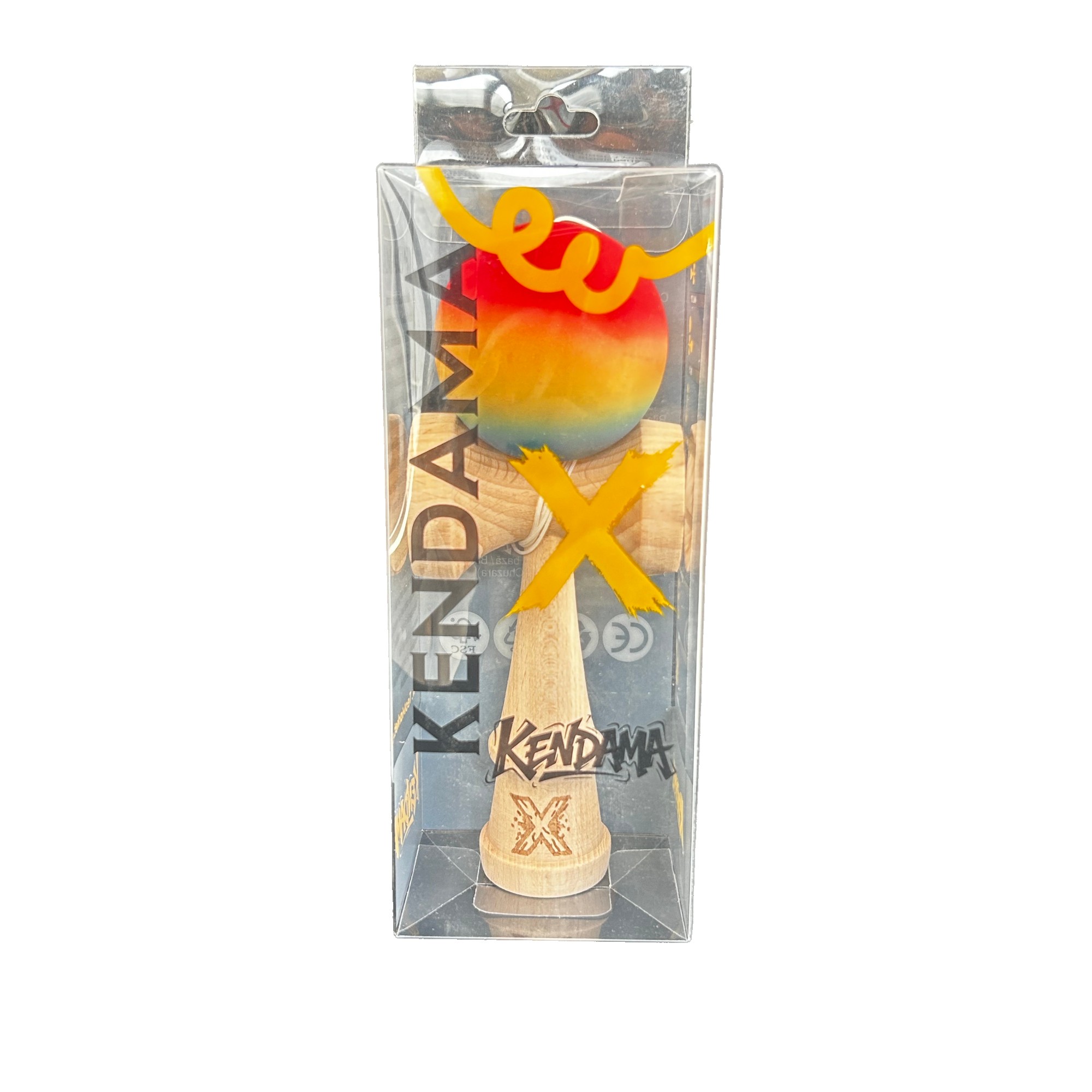 Jucarie Kendama X Originala, Profesionala, Flippy, din Lemn, Bila din Cauciuc 18 cm, Gradient Rosu/Galben/Albastru