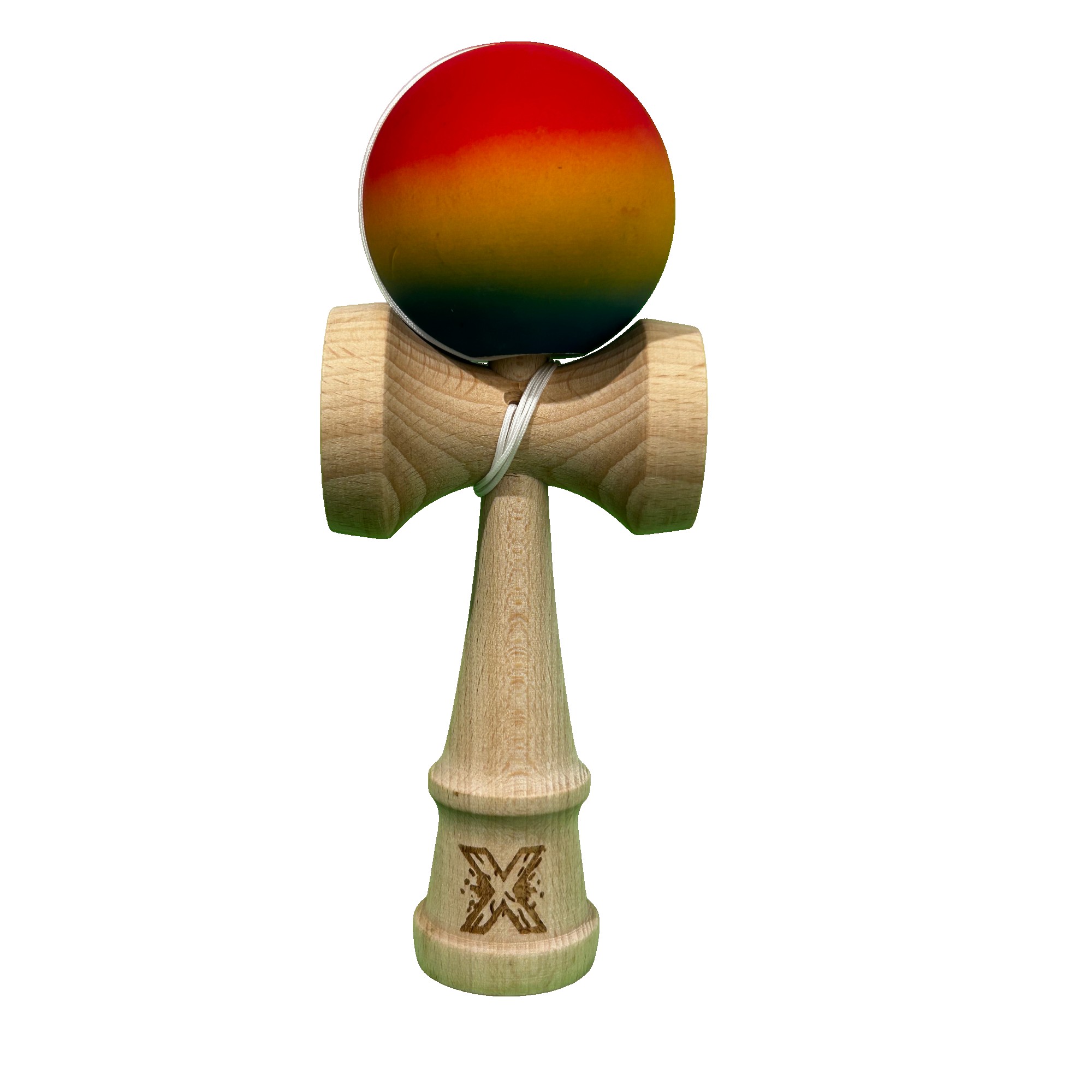 Jucarie Kendama X Originala, Profesionala, Flippy, din Lemn, Bila din Cauciuc 18 cm, Gradient Rosu/Galben/Albastru