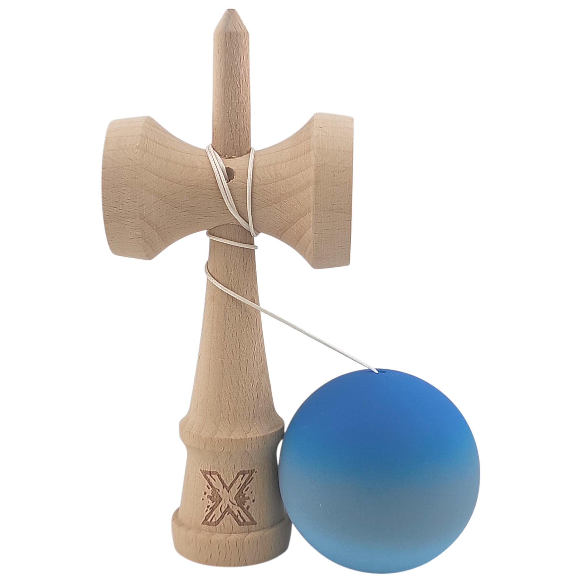 Kendama X Originala, Profesionala, Flippy, din Lemn, Rubber Grip, 18 cm, Albastru/Gri/Bleu
