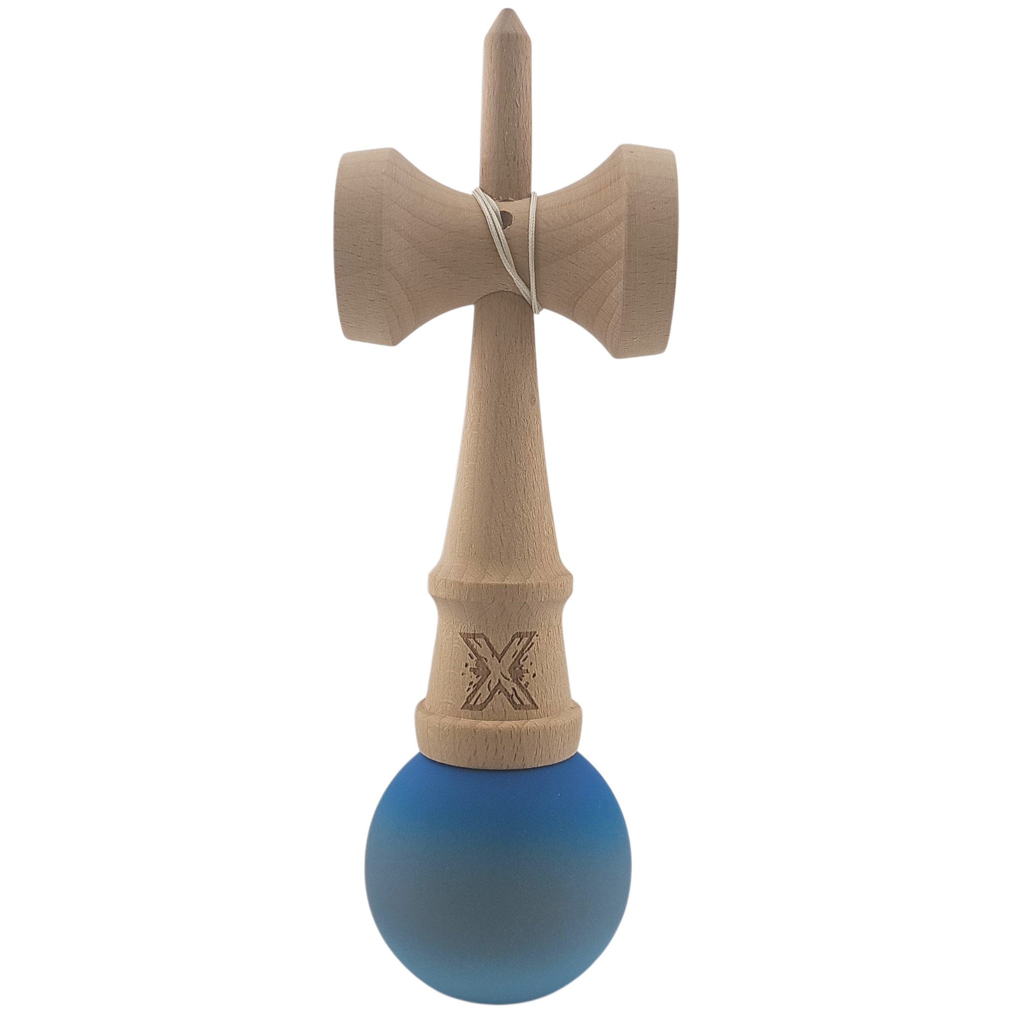 Kendama X Originala, Profesionala, Flippy, din Lemn, Rubber Grip, 18 cm, Albastru/Gri/Bleu