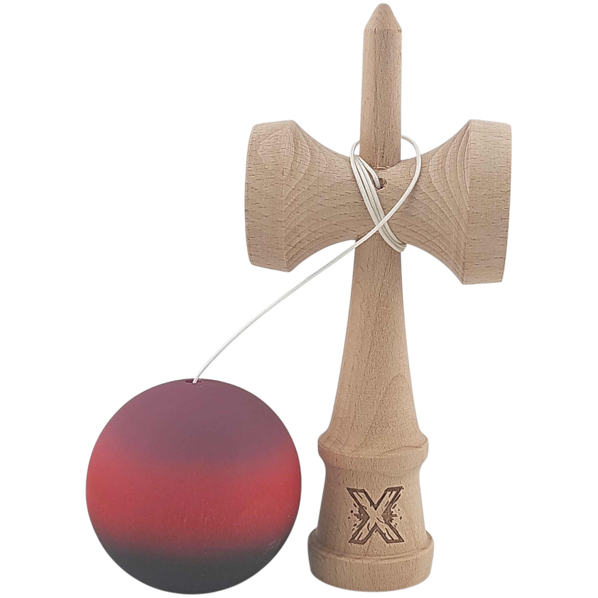 Kendama X Originala, Profesionala, Flippy, din Lemn, Rubber Grip, 18 cm, Mov/Rosu/Negru