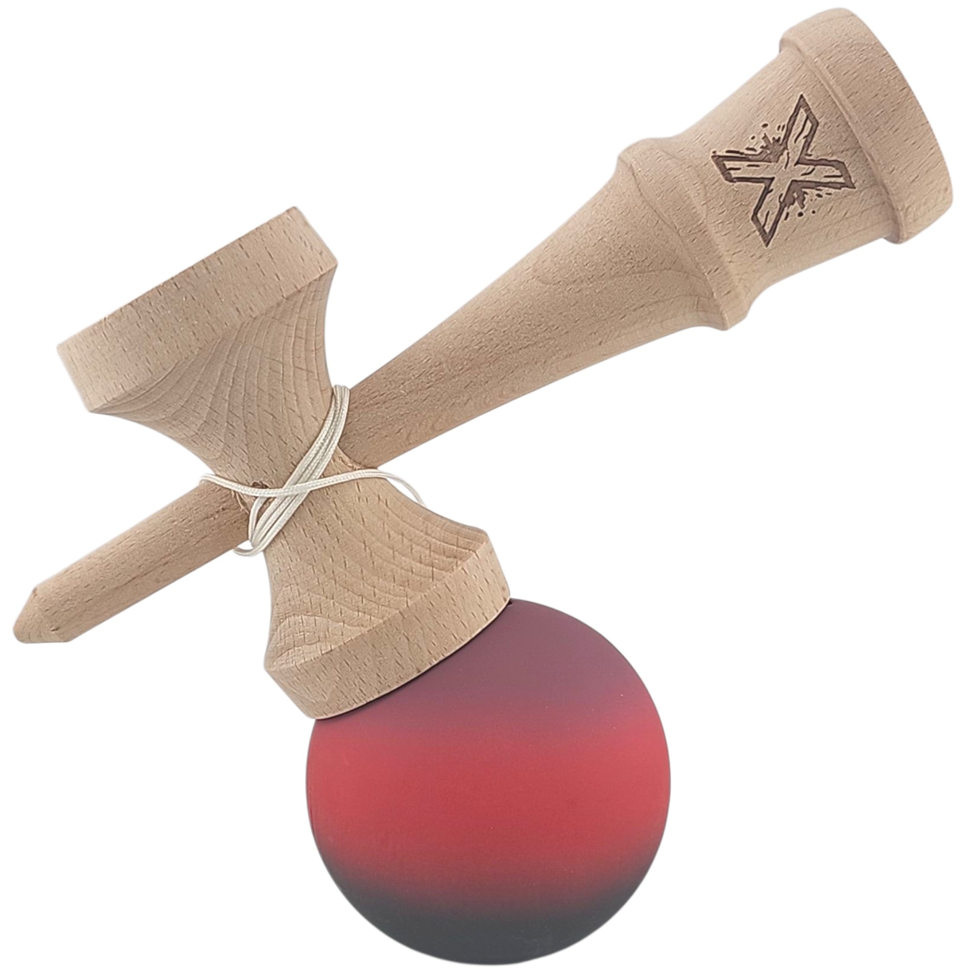 Kendama X Originala, Profesionala, Flippy, din Lemn, Rubber Grip, 18 cm, Mov/Rosu/Negru