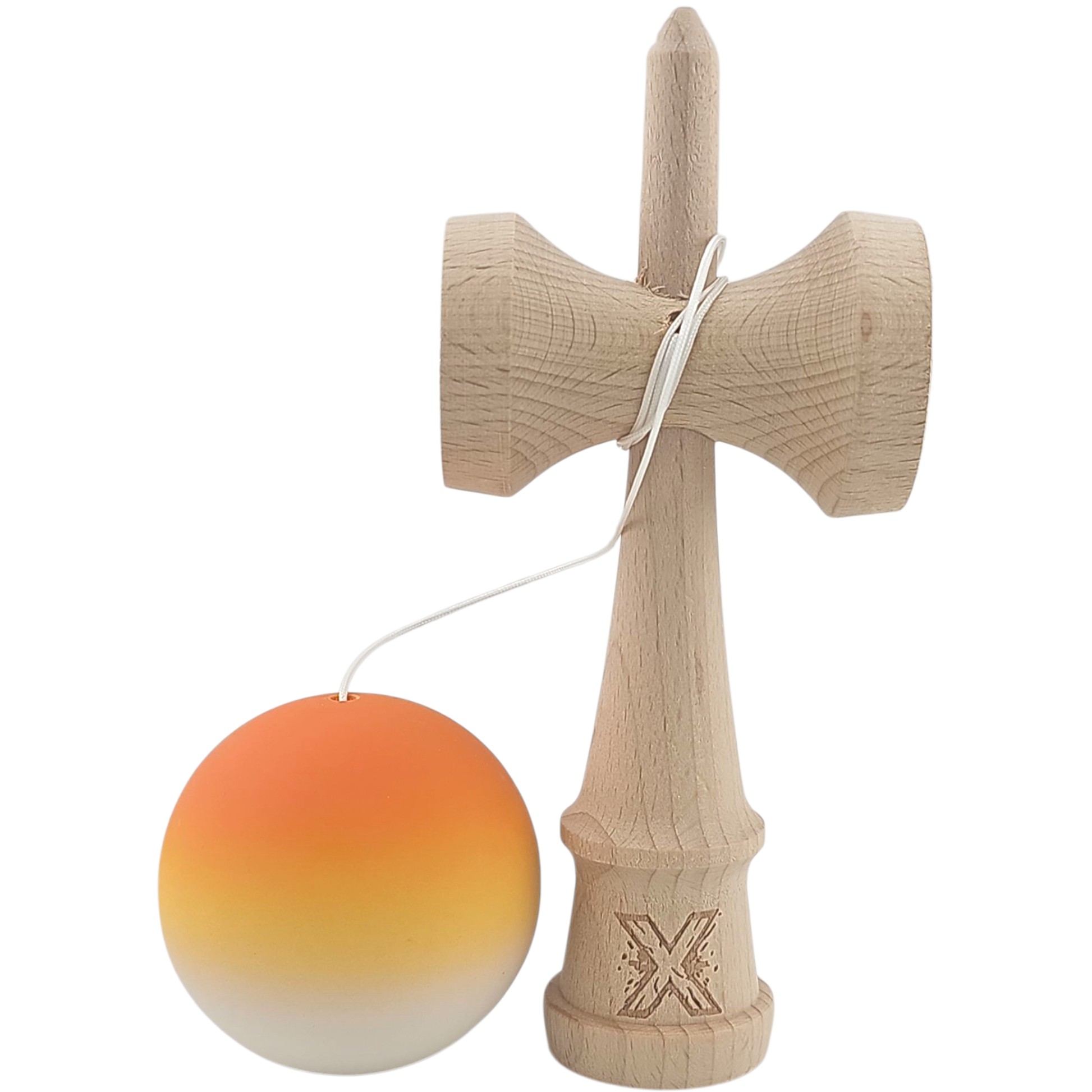Kendama X Originala, Profesionala, Flippy, din Lemn, Rubber Grip, 18 cm, Portocaliu/Galben/Alb