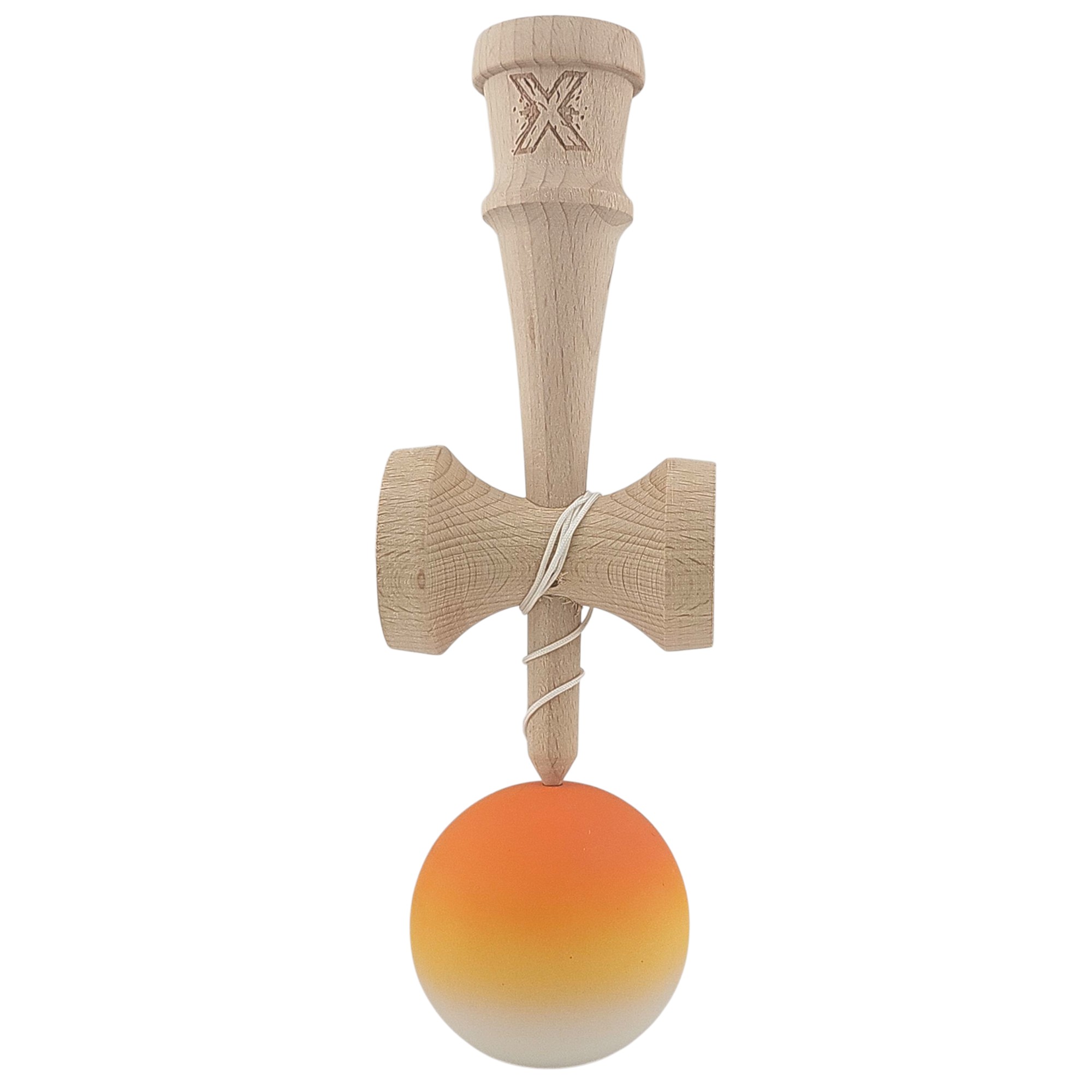 Kendama X Originala, Profesionala, Flippy, din Lemn, Rubber Grip, 18 cm, Portocaliu/Galben/Alb