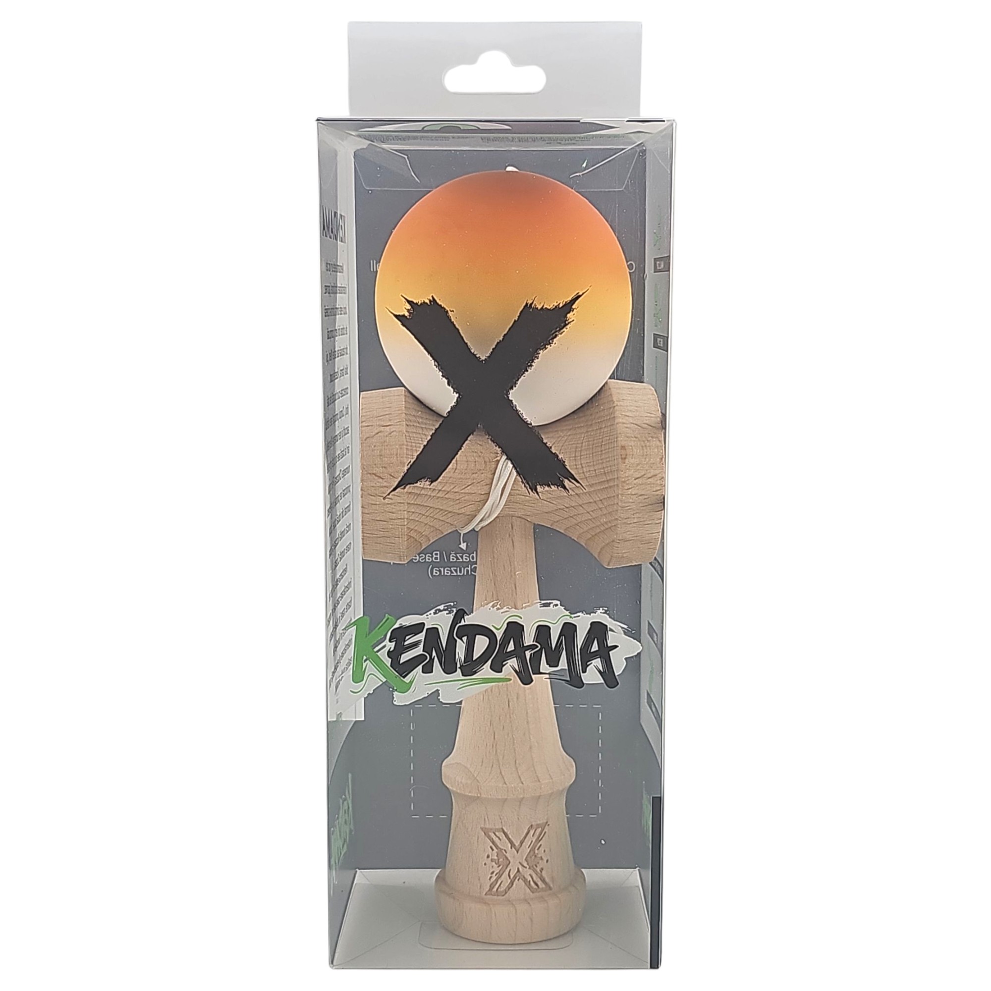 Kendama X Originala, Profesionala, Flippy, din Lemn, Rubber Grip, 18 cm, Portocaliu/Galben/Alb