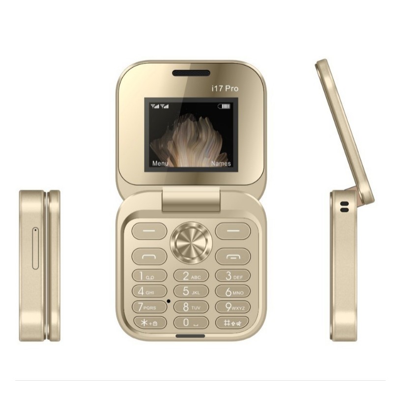 Telefon Mobil Seniori i17 Pro 2G, Flippy, Dual SIM, Bluetooth, Meniu in Limba Romana, si Butoane Mari pentru Varstnici, Baterie pana la 96 ore, Auriu