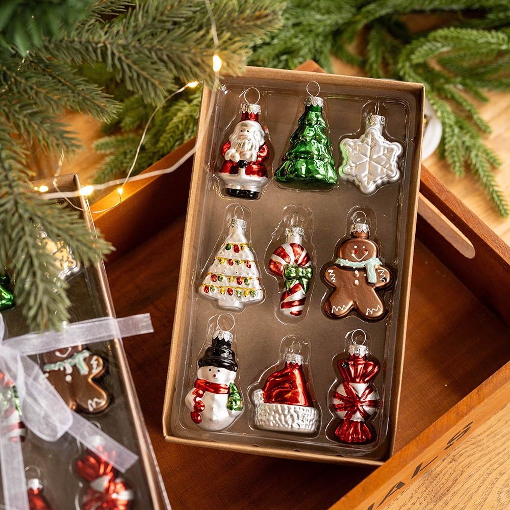 Set 9 Decoratiuni de Craciun, Flippy, pentru Brad, 5 cm, din Sticla, 22 x 12.5 x 4.2 cm, Multicolor