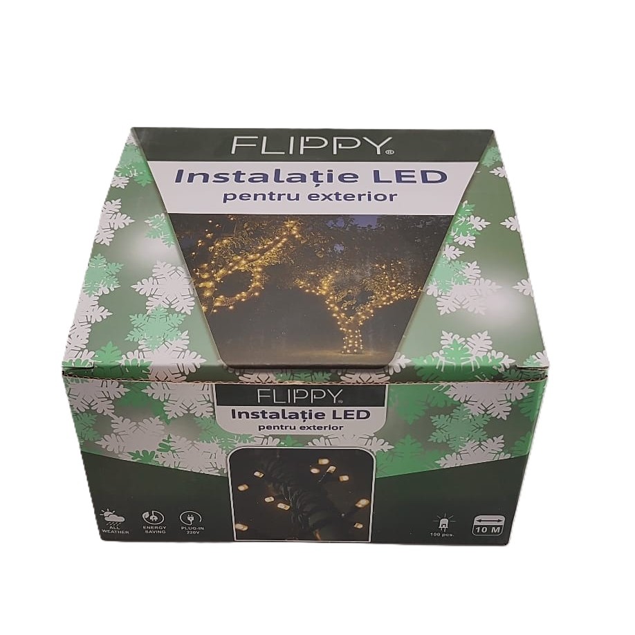 Instalatie Craciun Liniara, Flippy, de Exterior, IP65, cu Alimentator 1.5 m inclus, 10 metri, 100 LED, Alb Cald