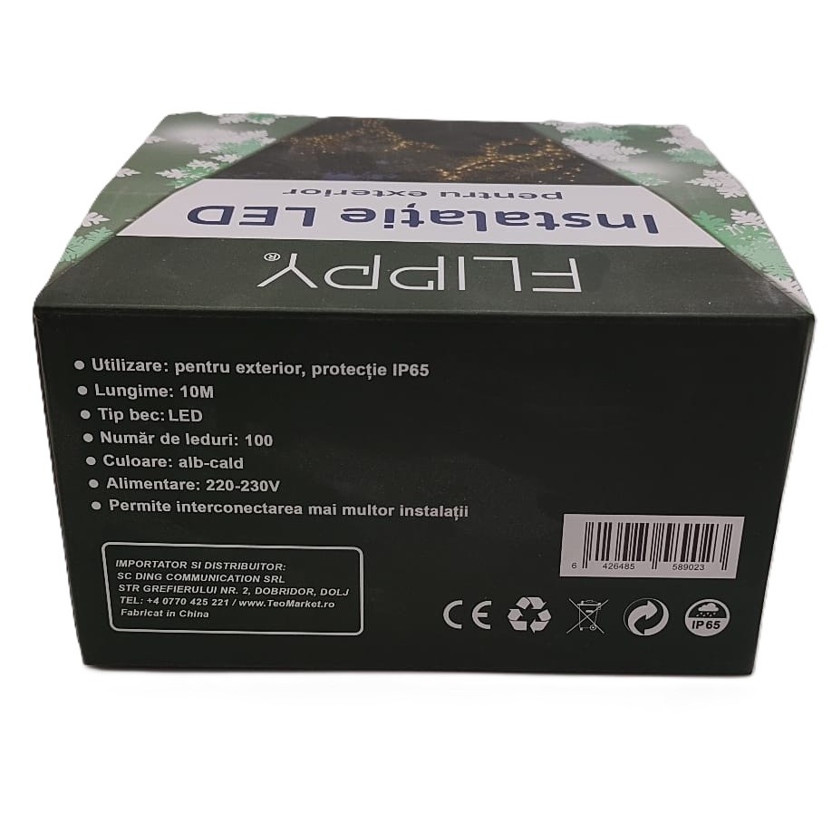Instalatie Craciun Liniara, Flippy, de Exterior, IP65, cu Alimentator 1.5 m inclus, 10 metri, 100 LED, Alb Cald