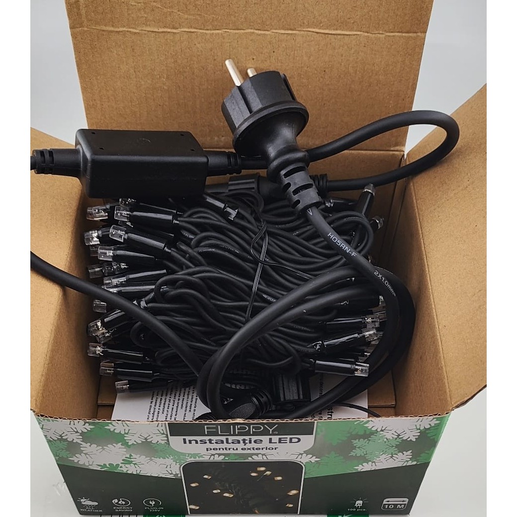 Instalatie Craciun Liniara, Flippy, de Exterior, IP65, cu Alimentator 1.5 m inclus, 10 metri, 100 LED, Alb Cald