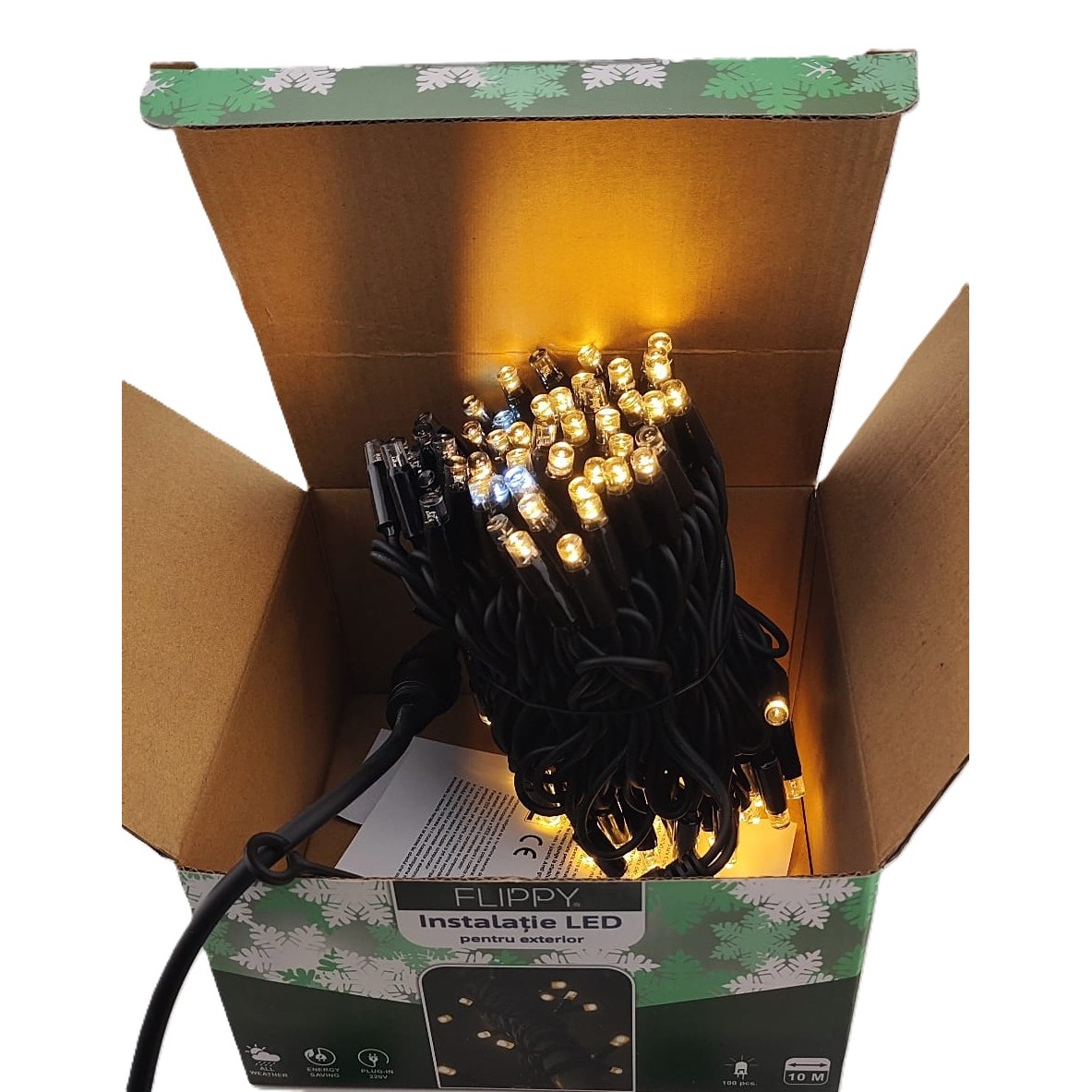 Instalatie Craciun Liniara, Flippy, de Exterior, IP65, cu Alimentator 1.5 m inclus, 10 metri, 100 LED, Alb Cald