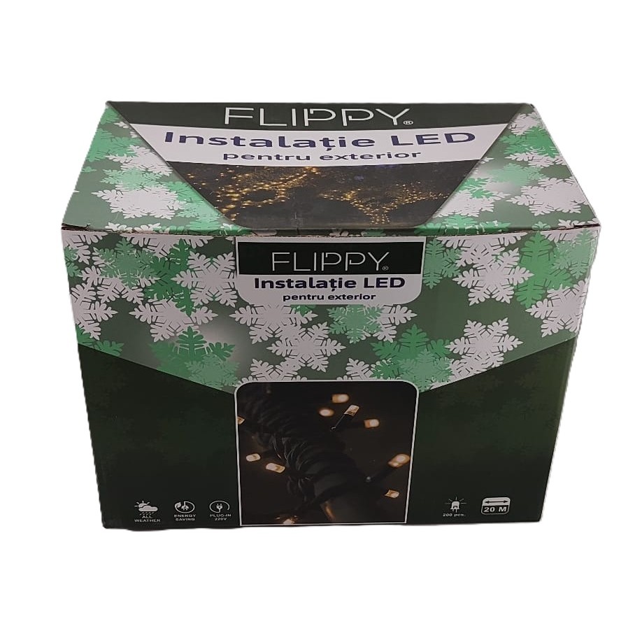Instalatie Craciun Liniara, Flippy, de Exterior, IP65, cu Alimentator 1.5 m inclus, 20 metri, 200 LED, Alb Cald