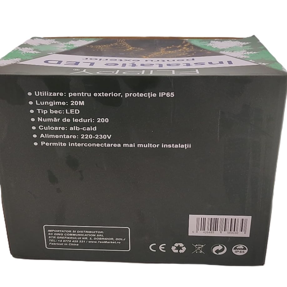 Instalatie Craciun Liniara, Flippy, de Exterior, IP65, cu Alimentator 1.5 m inclus, 20 metri, 200 LED, Alb Cald