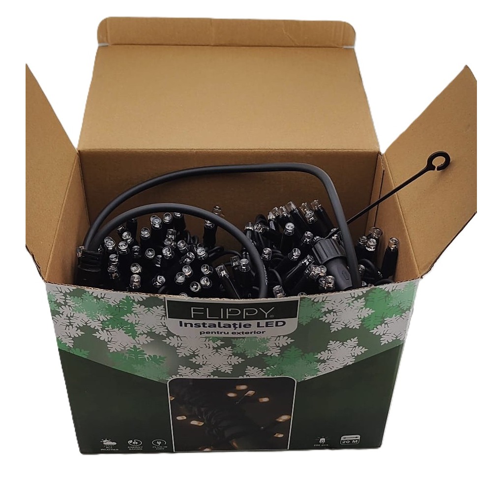 Instalatie Craciun Liniara, Flippy, de Exterior, IP65, cu Alimentator 1.5 m inclus, 20 metri, 200 LED, Alb Cald