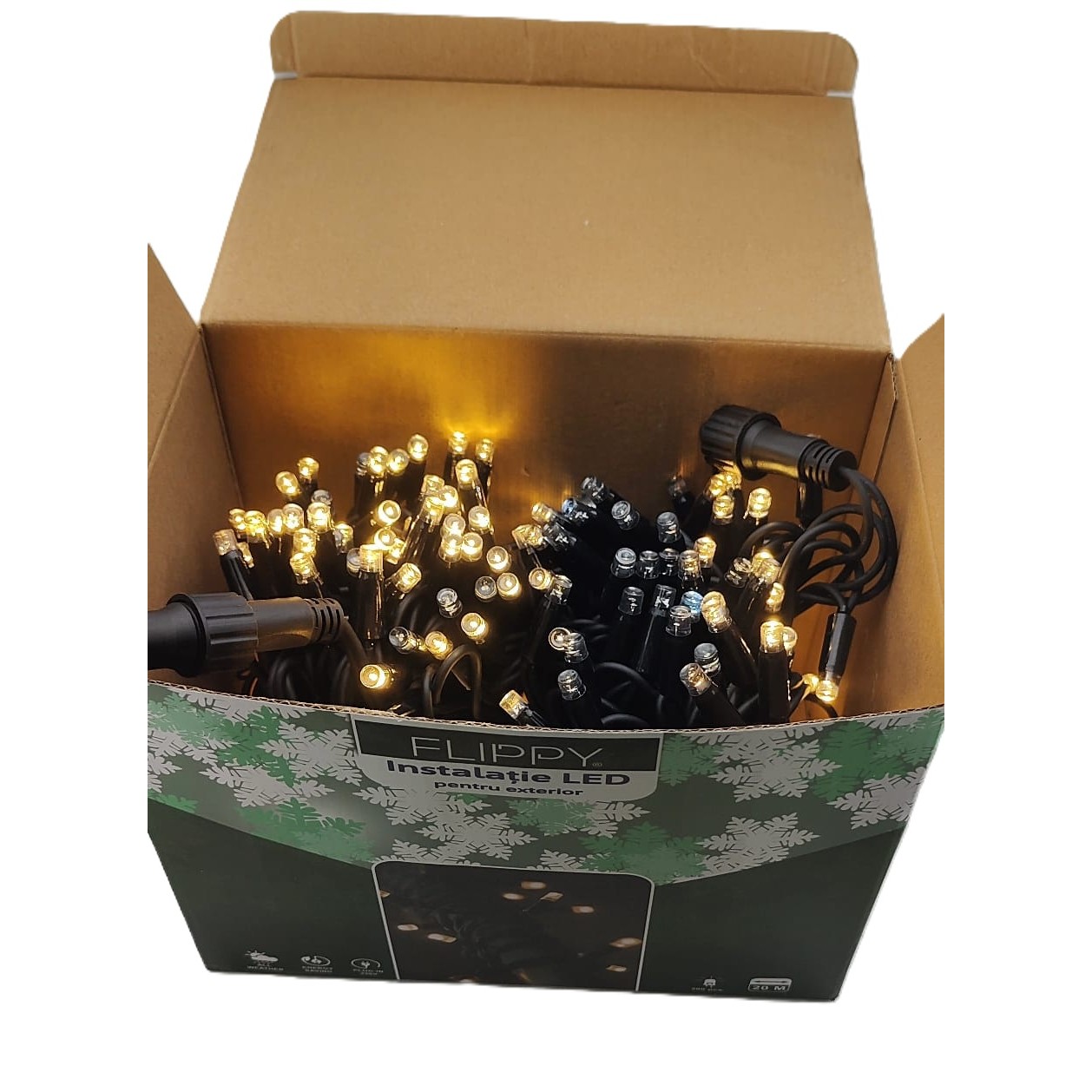 Instalatie Craciun Liniara, Flippy, de Exterior, IP65, cu Alimentator 1.5 m inclus, 20 metri, 200 LED, Alb Cald