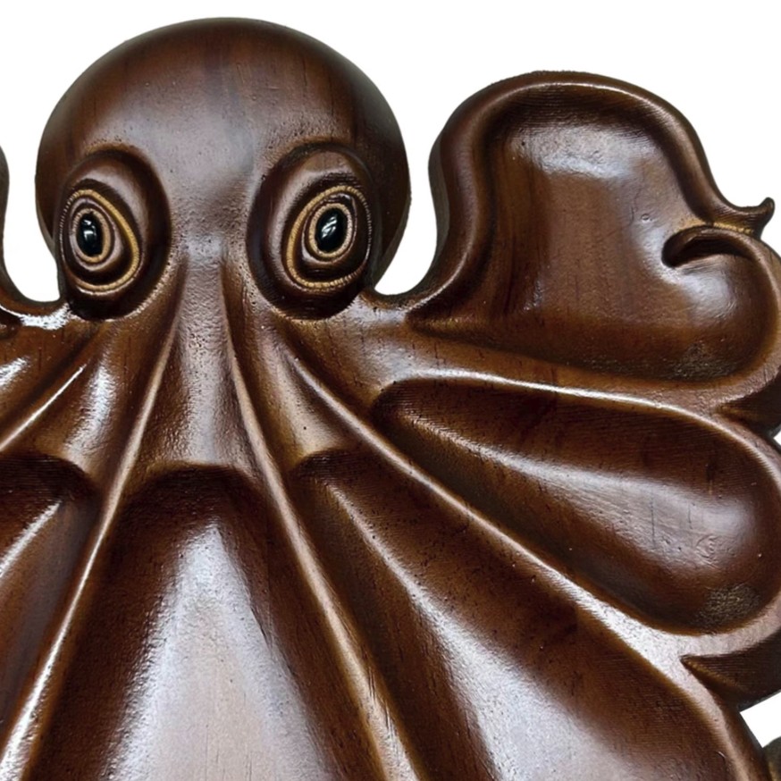 Platou pentru Servire, Flippy, in Forma de Caracatita, 8 Compartimente pentru Mezeluri Branzeturi Snacksuri, Design Artistic, din Lemn Masiv, 26 x 25 x 3 cm, Maro inchis
