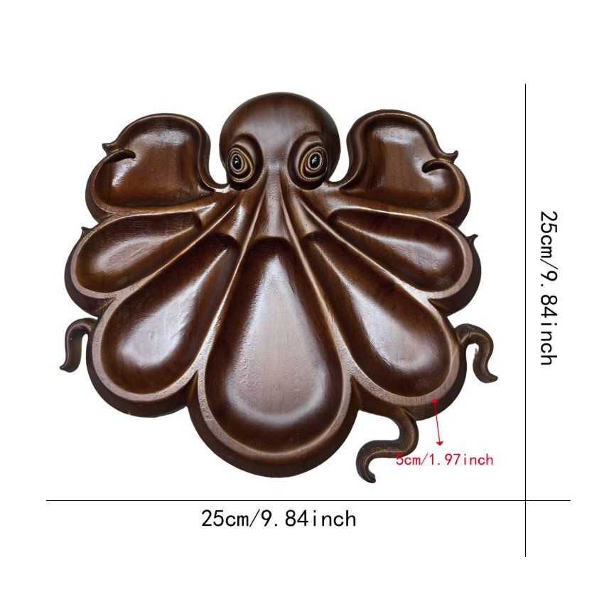 Platou pentru Servire, Flippy, in Forma de Caracatita, 8 Compartimente pentru Mezeluri Branzeturi Snacksuri, Design Artistic, din Lemn Masiv, 26 x 25 x 3 cm, Maro inchis