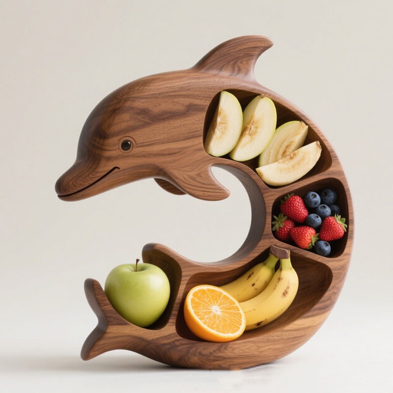 Platou pentru Servire, Flippy, in Forma de Delfin, 4 Compartimente pentru Mezeluri, Branzeturi, Snacksuri, Fructe, Design Artistic, din Lemn Masiv, 26 x 25 x 4 cm, Maro Natur