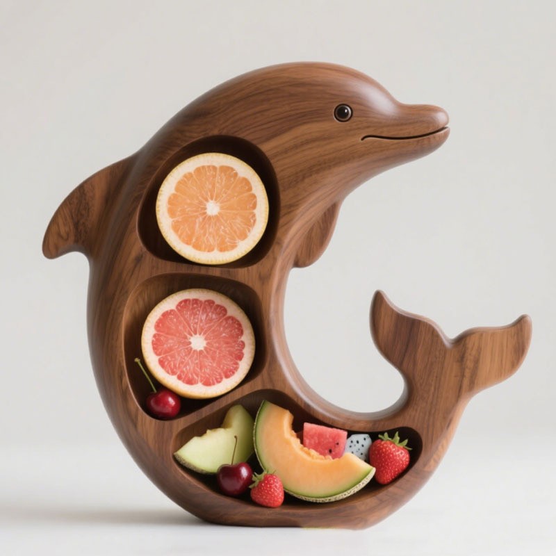 Platou pentru Servire, Flippy, in Forma de Delfin, 3 Compartimente pentru Mezeluri, Branzeturi, Snacksuri, Fructe, Design Artistic, din Lemn Masiv, 26 x 25 x 4 cm, Maro Natur