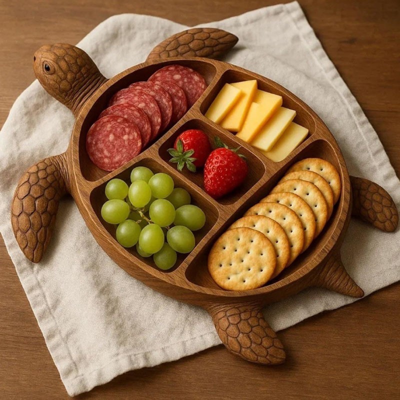 Platou pentru Servire, Flippy, in Forma de Broasca Testoasa, 3 Compartimente pentru Mezeluri, Branzeturi, Snacksuri, Fructe, Design Artistic, din Lemn Masiv, 24 x 24 x 3 cm, Maro