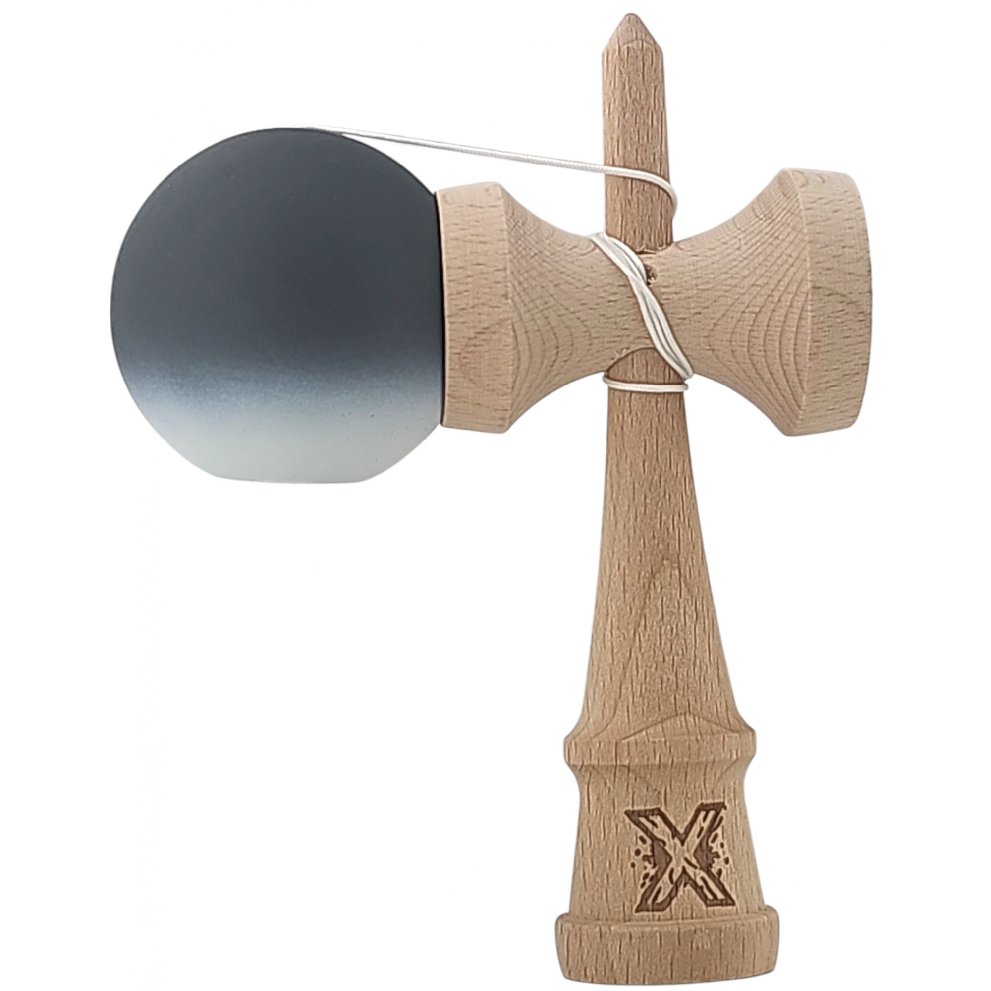 Kendama X Originala, Profesionala, Flippy, din Lemn, Rubber Grip, 18 cm, Alb/Negru
