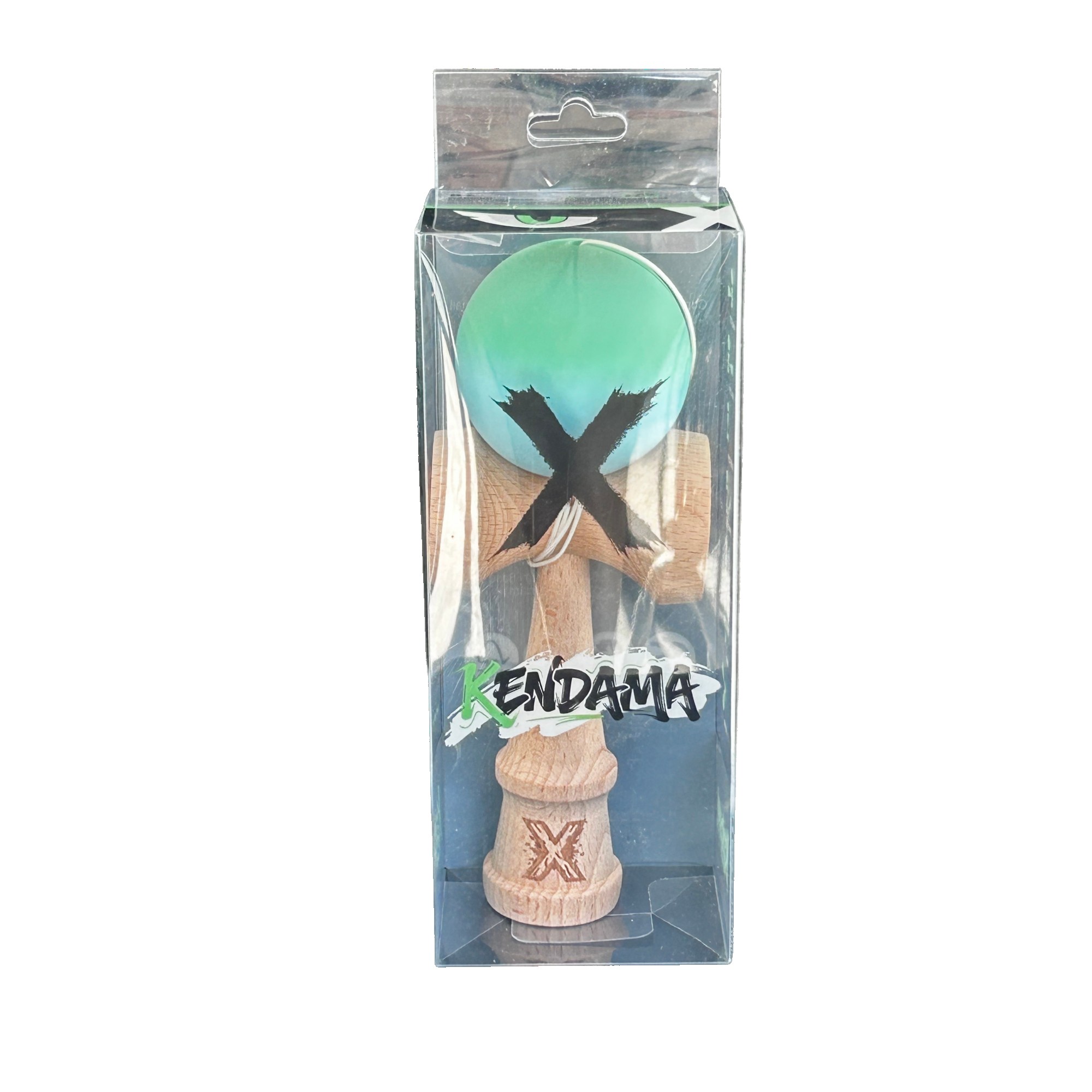 Jucarie Kendama X Originala, Profesionala, Flippy, din Lemn, Rubber Grip, 18 cm, Verde/Albastru