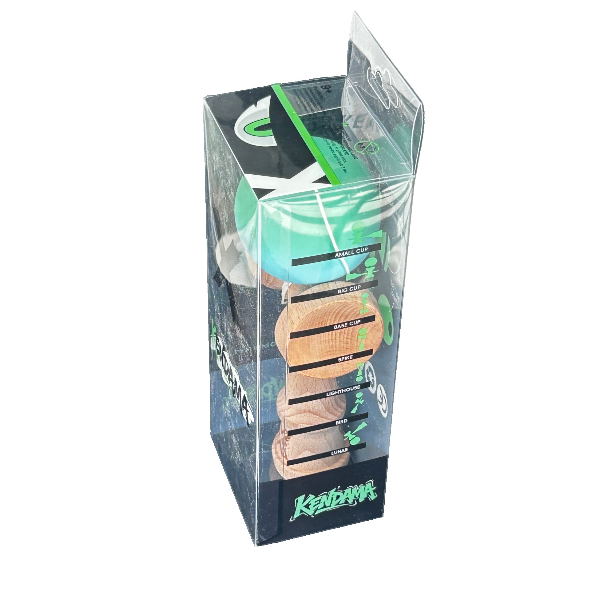 Jucarie Kendama X Originala, Profesionala, Flippy, din Lemn, Rubber Grip, 18 cm, Verde/Albastru