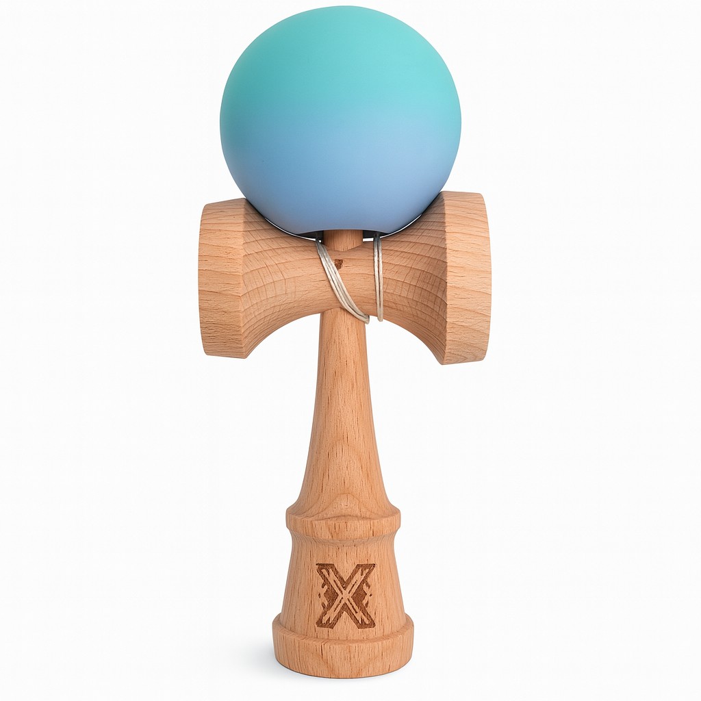 Jucarie Interactiva Kendama X Profesionala, Flippy, din Lemn cu Bila Cauciucata, 18 cm, Joc de Indemanare pentru Copii si Adulti, Gradient Verde deschis Albastru deschis