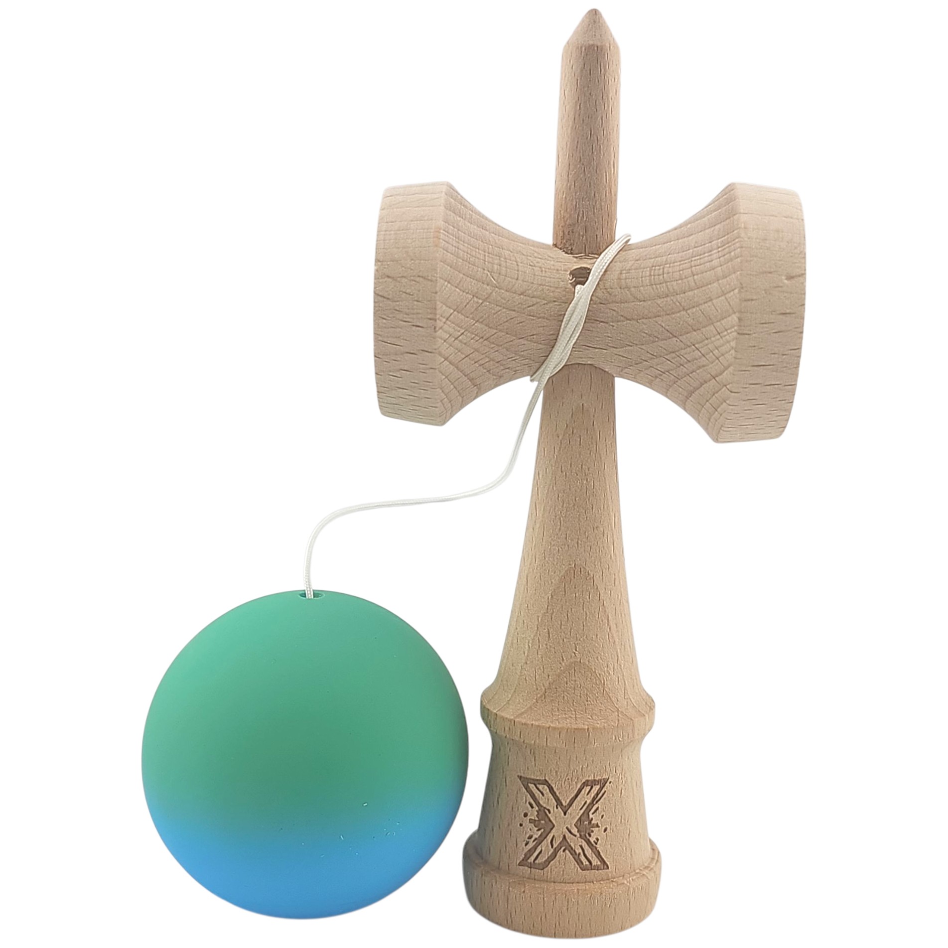 Kendama X Originala, Profesionala, Flippy, din Lemn, Rubber Grip, 18 cm, Verde/Albastru