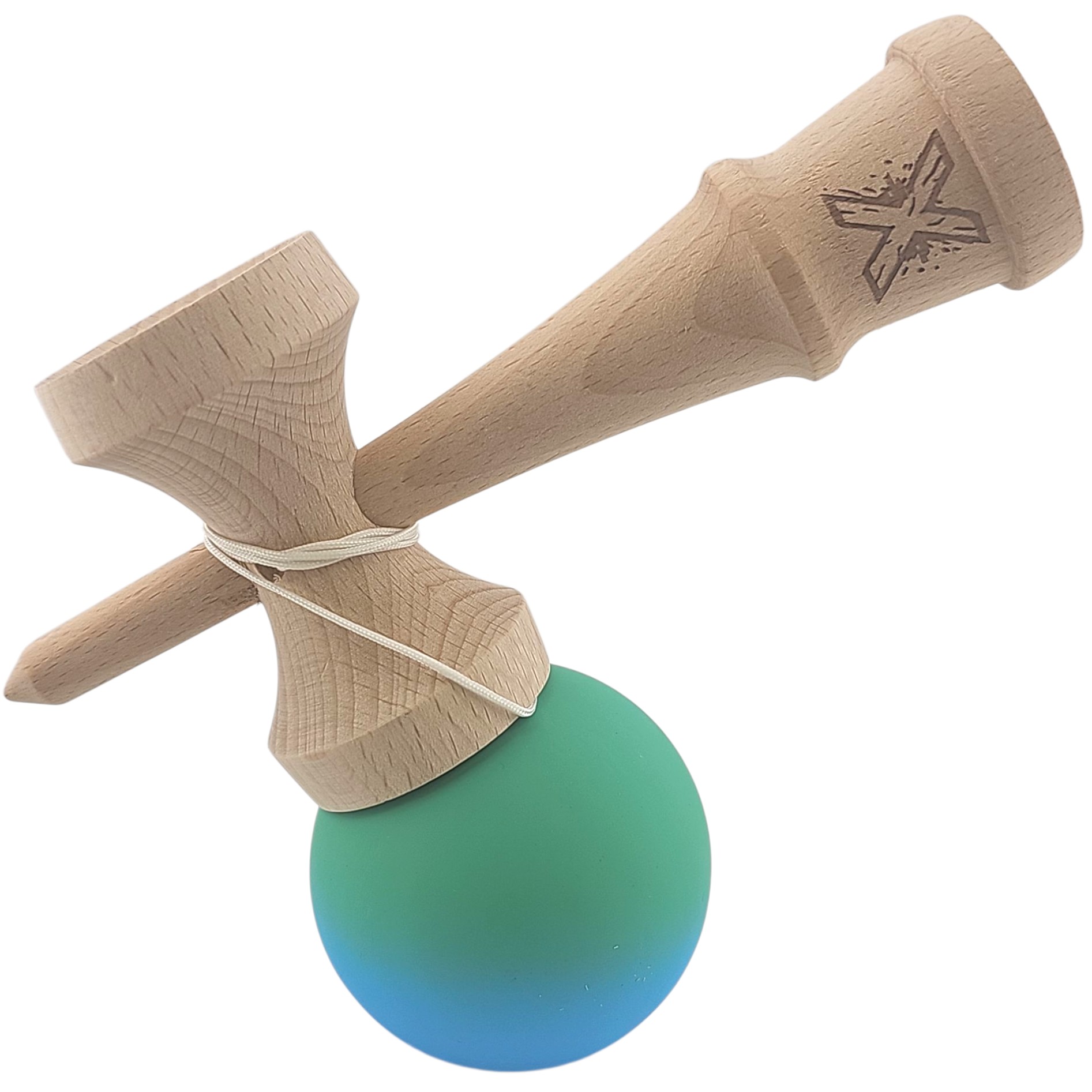 Kendama X Originala, Profesionala, Flippy, din Lemn, Rubber Grip, 18 cm, Verde/Albastru