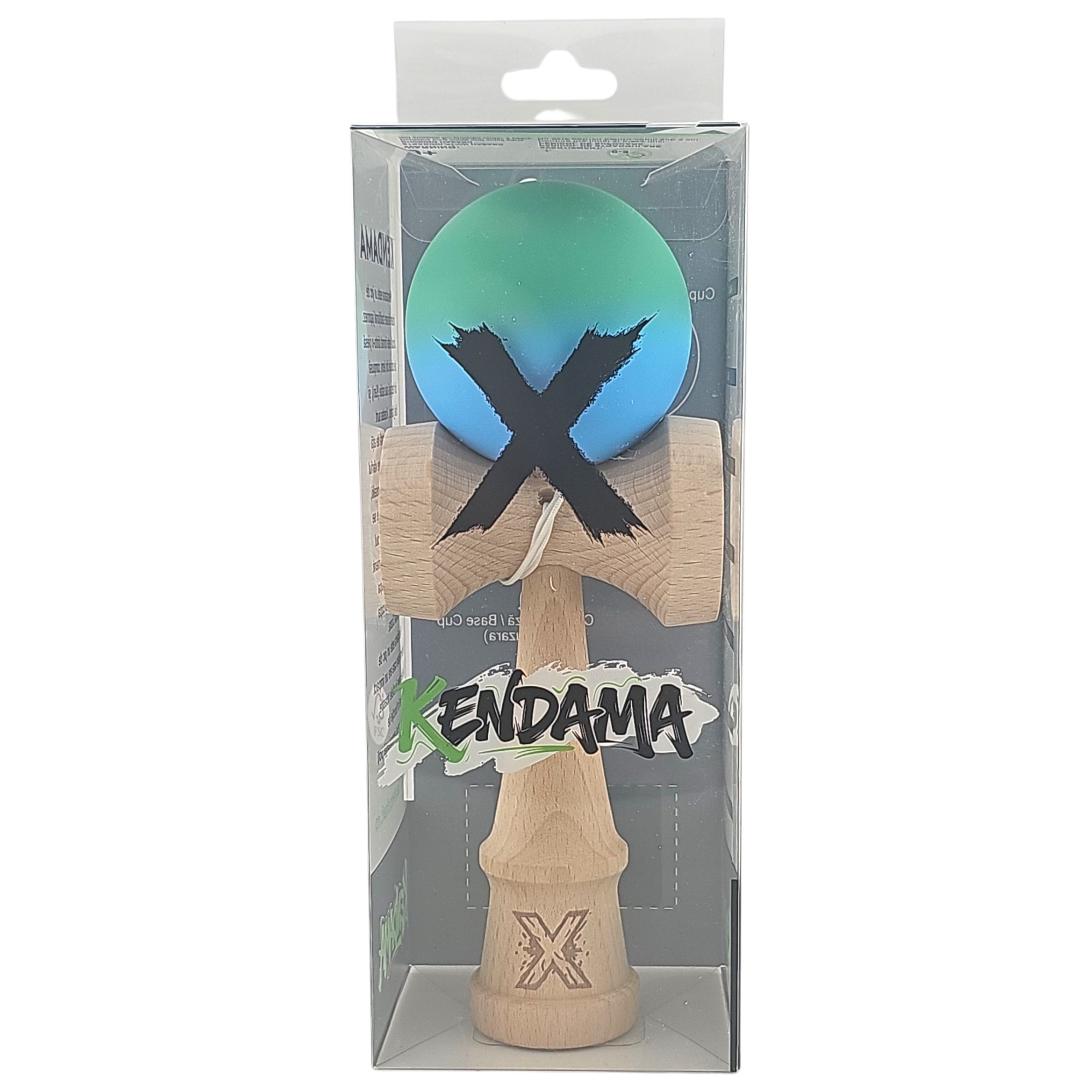 Kendama X Originala, Profesionala, Flippy, din Lemn, Rubber Grip, 18 cm, Verde/Albastru