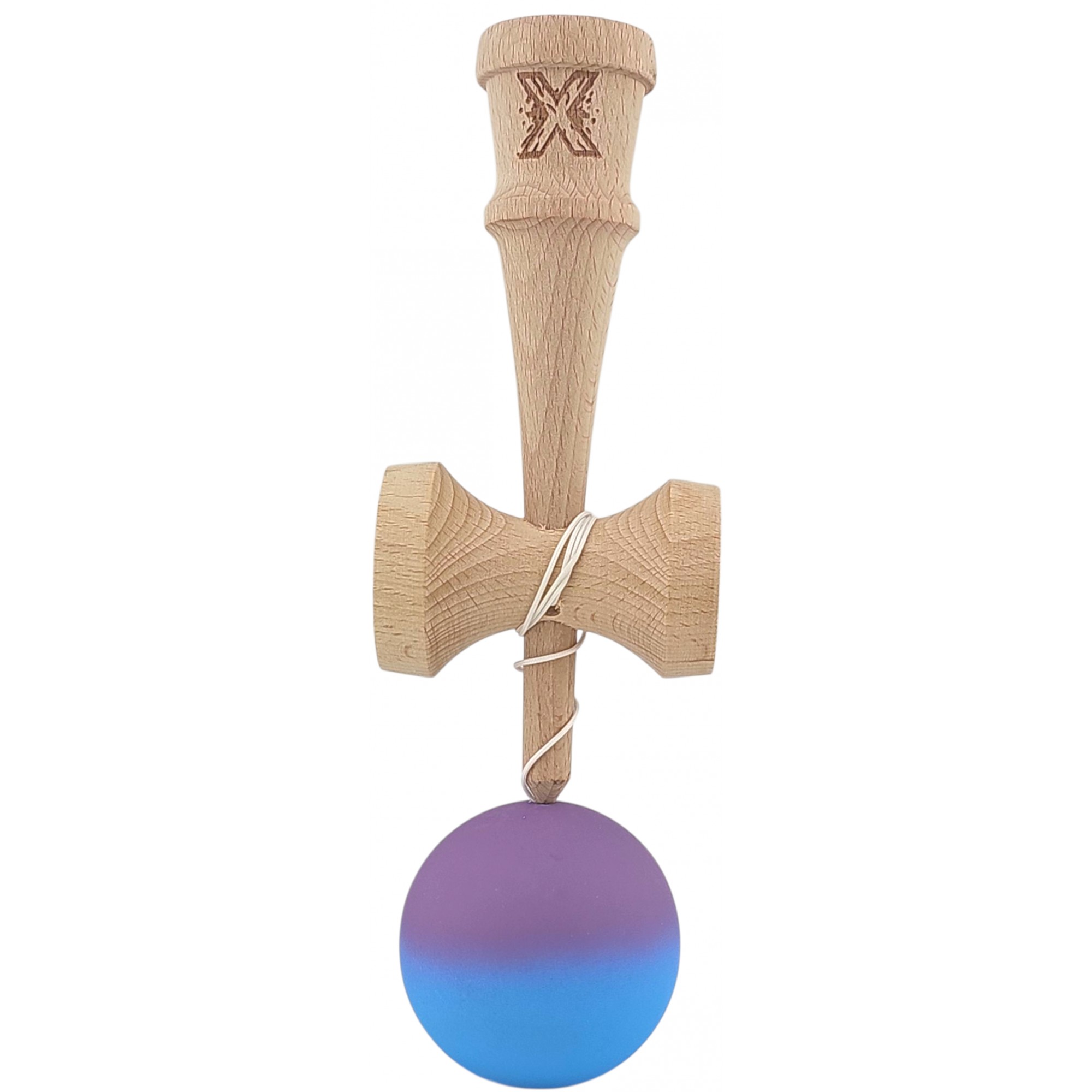 Kendama X Originala, Profesionala, Flippy, din Lemn, Rubber Grip, 18 cm, Gradient Violet/Albastru