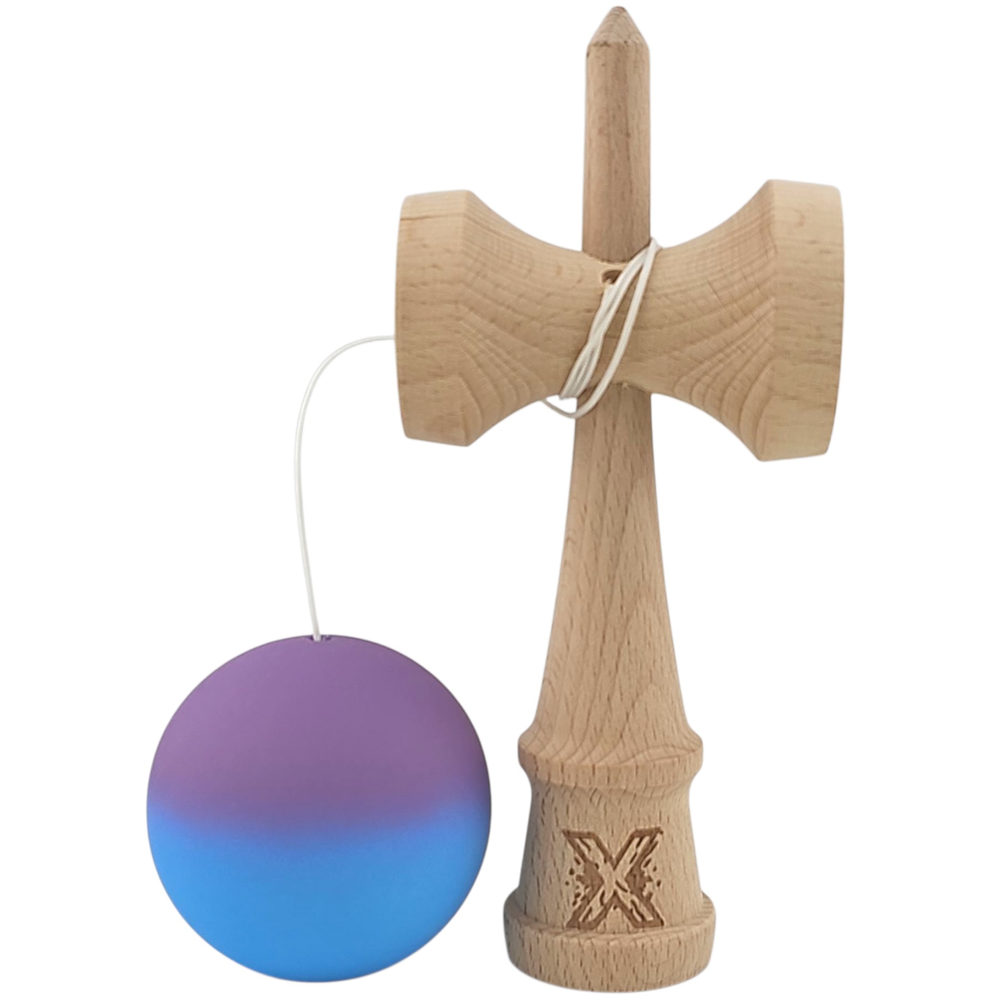 Kendama X Originala, Profesionala, Flippy, din Lemn, Rubber Grip, 18 cm, Gradient Violet/Albastru
