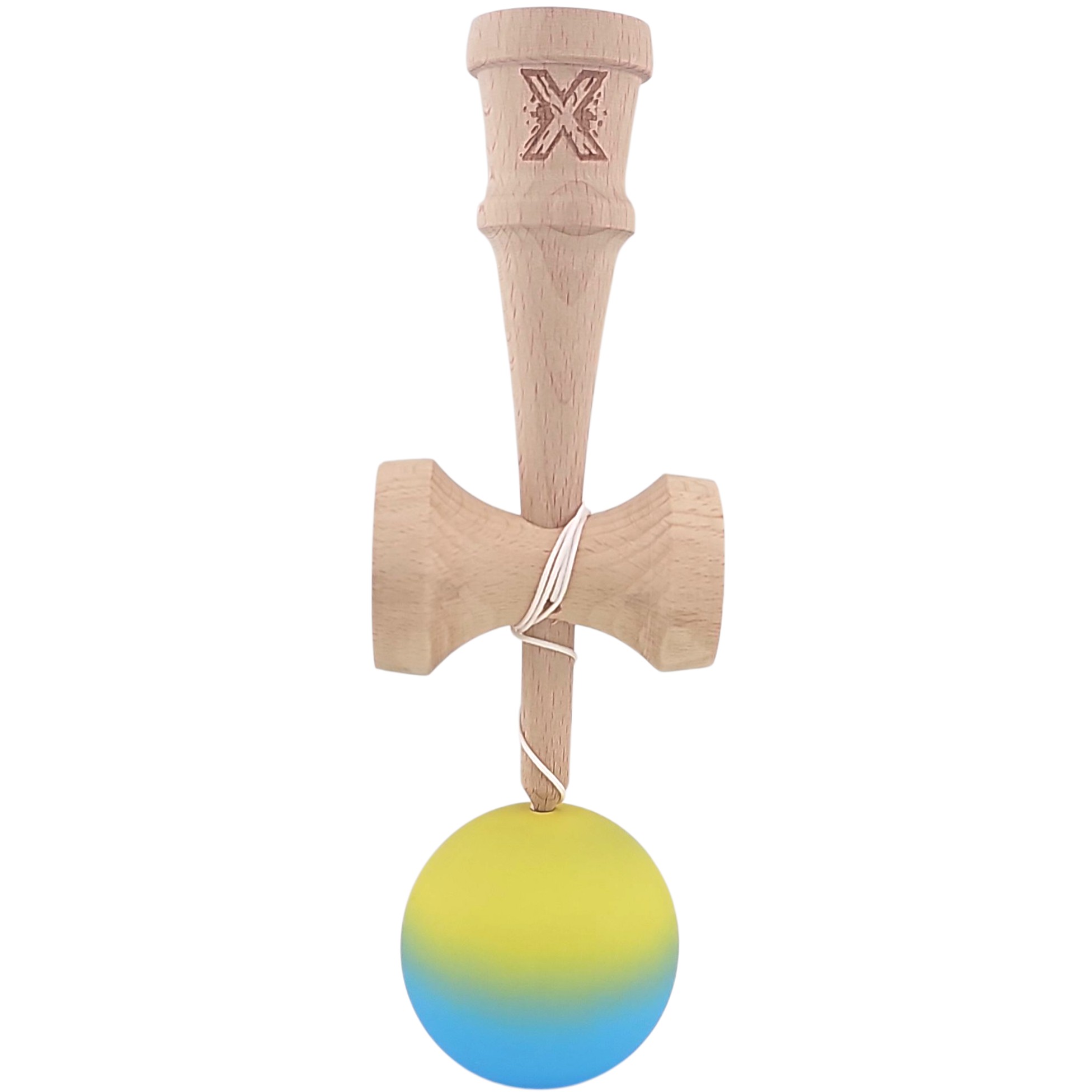 Kendama X Originala, Profesionala, Flippy, 18 cm, Profesionala, +9 Ani, din Lemn, Gradient Galben/Albastru