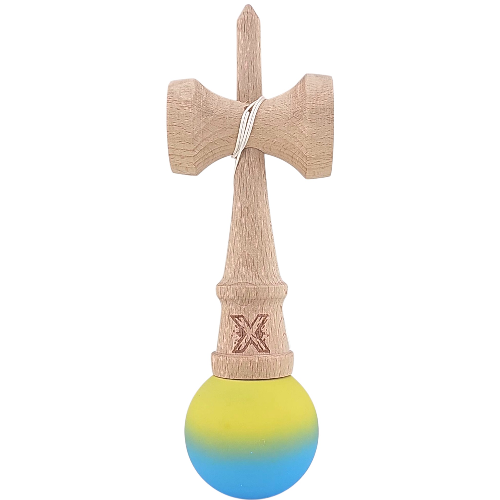 Kendama X Originala, Profesionala, Flippy, 18 cm, Profesionala, +9 Ani, din Lemn, Gradient Galben/Albastru