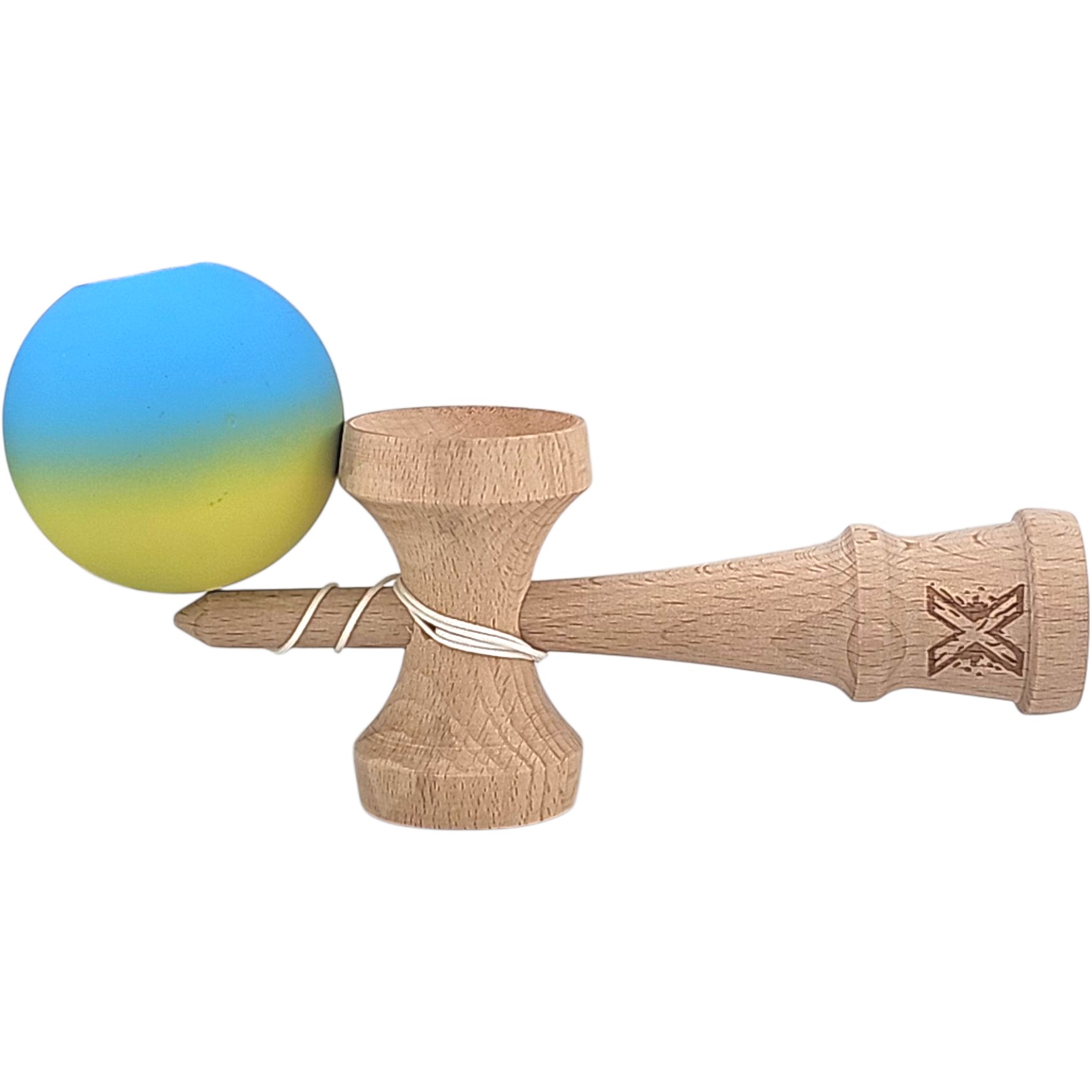 Kendama X Originala, Profesionala, Flippy, 18 cm, Profesionala, +9 Ani, din Lemn, Gradient Galben/Albastru