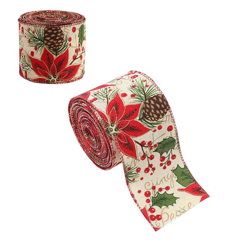 Panglica Decorativa pentru Craciun, Flippy, Ornament pentru Brad de Craciun, Pretreceri, Panglica cu Design Conuri si Floare Rosie, 200 x 6.3 cm, Khaki 