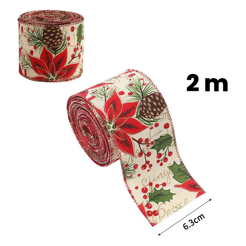 Panglica Decorativa pentru Craciun, Flippy, Ornament pentru Brad de Craciun, Pretreceri, Panglica cu Design Conuri si Floare Rosie, 200 x 6.3 cm, Khaki 