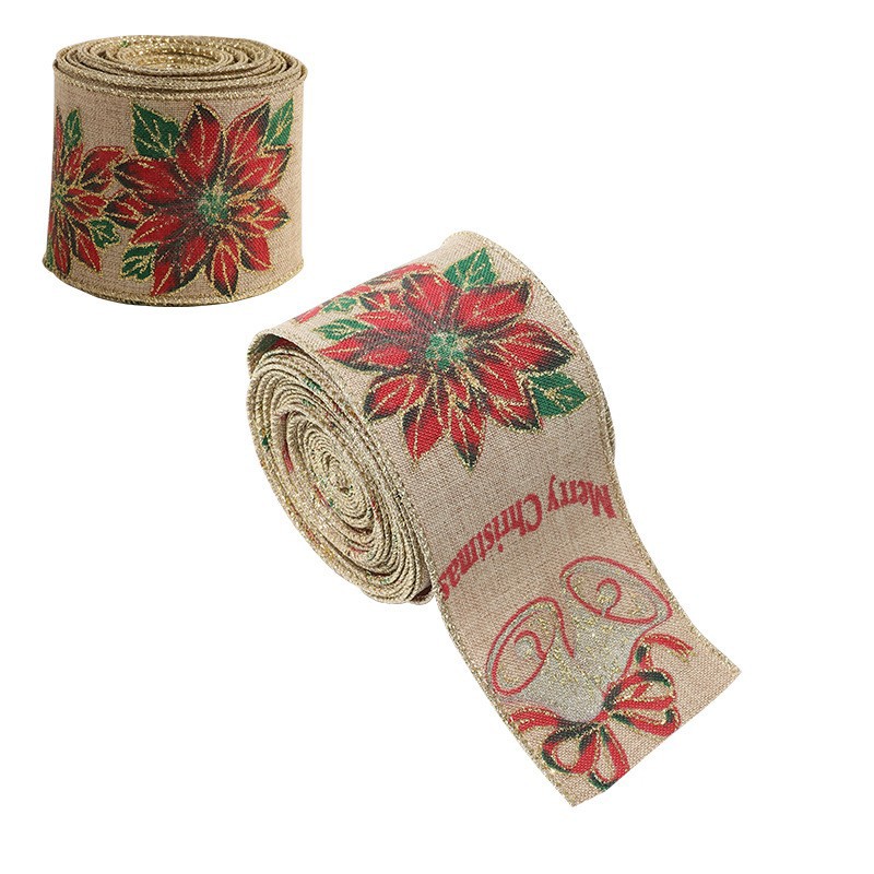 Panglica Decorativa pentru Craciun, Flippy, Ornament pentru Brad de Craciun, Pretreceri, Panglica cu Design Floare Rosie si Merry Christmas, 200 x 6.3 cm, Khaki 