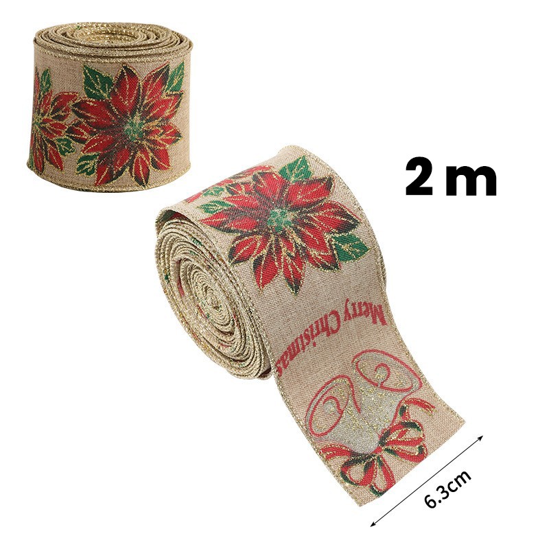 Panglica Decorativa pentru Craciun, Flippy, Ornament pentru Brad de Craciun, Pretreceri, Panglica cu Design Floare Rosie si Merry Christmas, 200 x 6.3 cm, Khaki 
