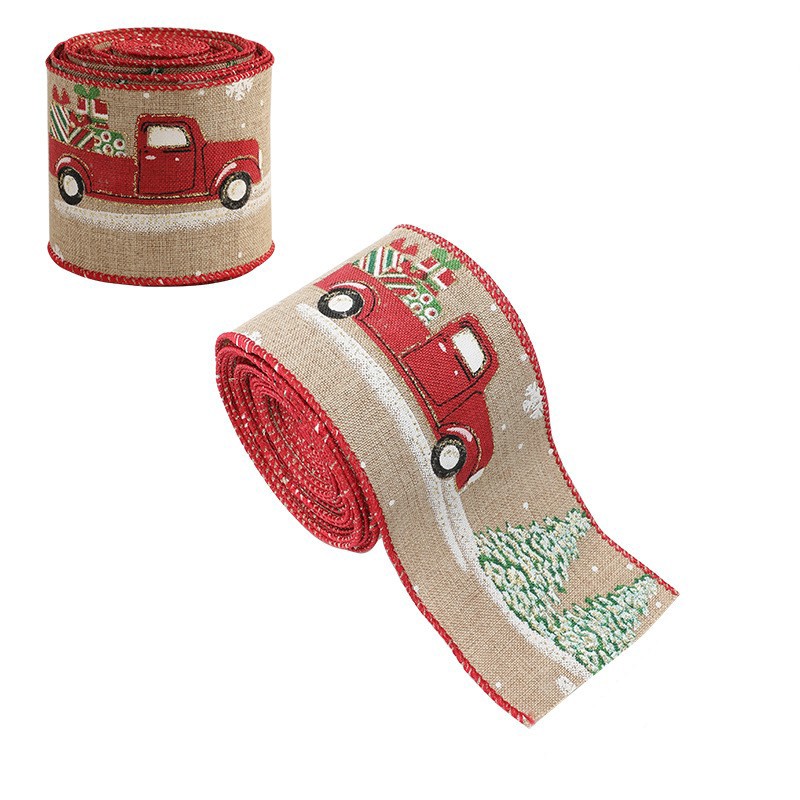 Panglica Decorativa pentru Craciun, Flippy, Ornament pentru Brad de Craciun, Pretreceri, Panglica cu Design Masina Rosie, 200 x 6.3 cm, Khaki 