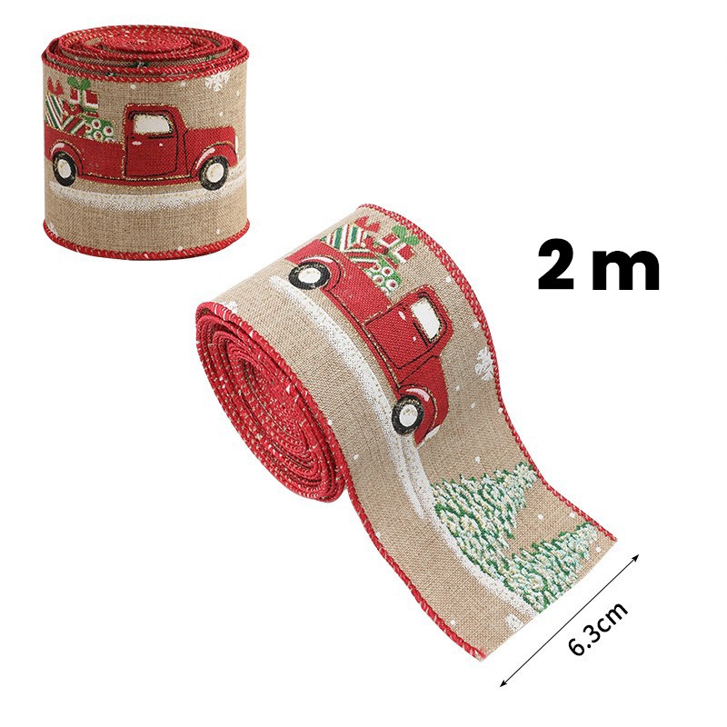 Panglica Decorativa pentru Craciun, Flippy, Ornament pentru Brad de Craciun, Pretreceri, Panglica cu Design Masina Rosie, 200 x 6.3 cm, Khaki 