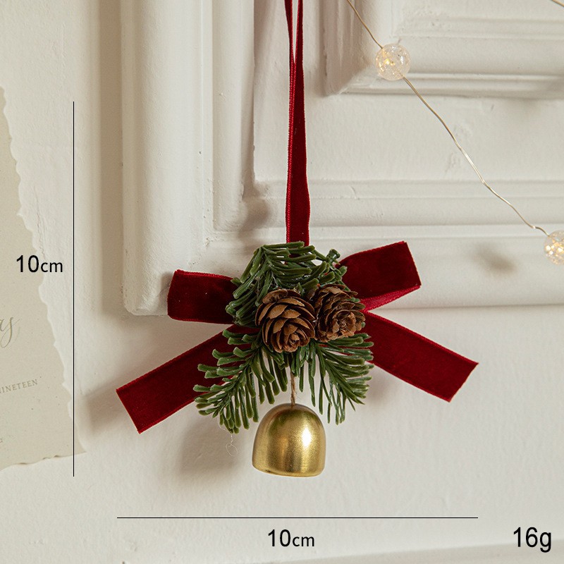 Ornament de Brad, Flippy, tip Funda de Craciun cu 1 Clopotel Auriu si Conuri de Brad, Panglica Rosie de Velvet, 10 x 10 cm, Rosu